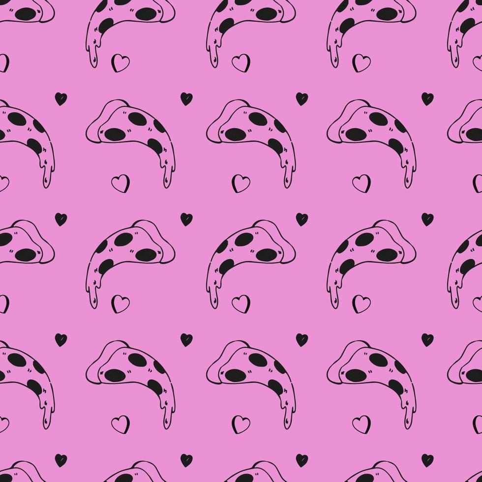 Hand drawn pizza slices pattern on pink background, retro style, 90s vibe vector