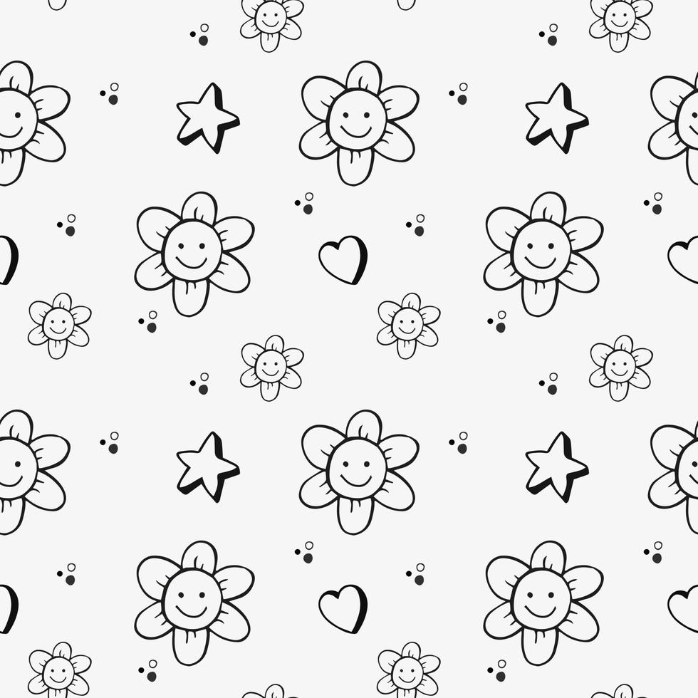 Retro funny flowers with stars and dots hippie pattern, black and white flowers, retro vibe, doodle vector