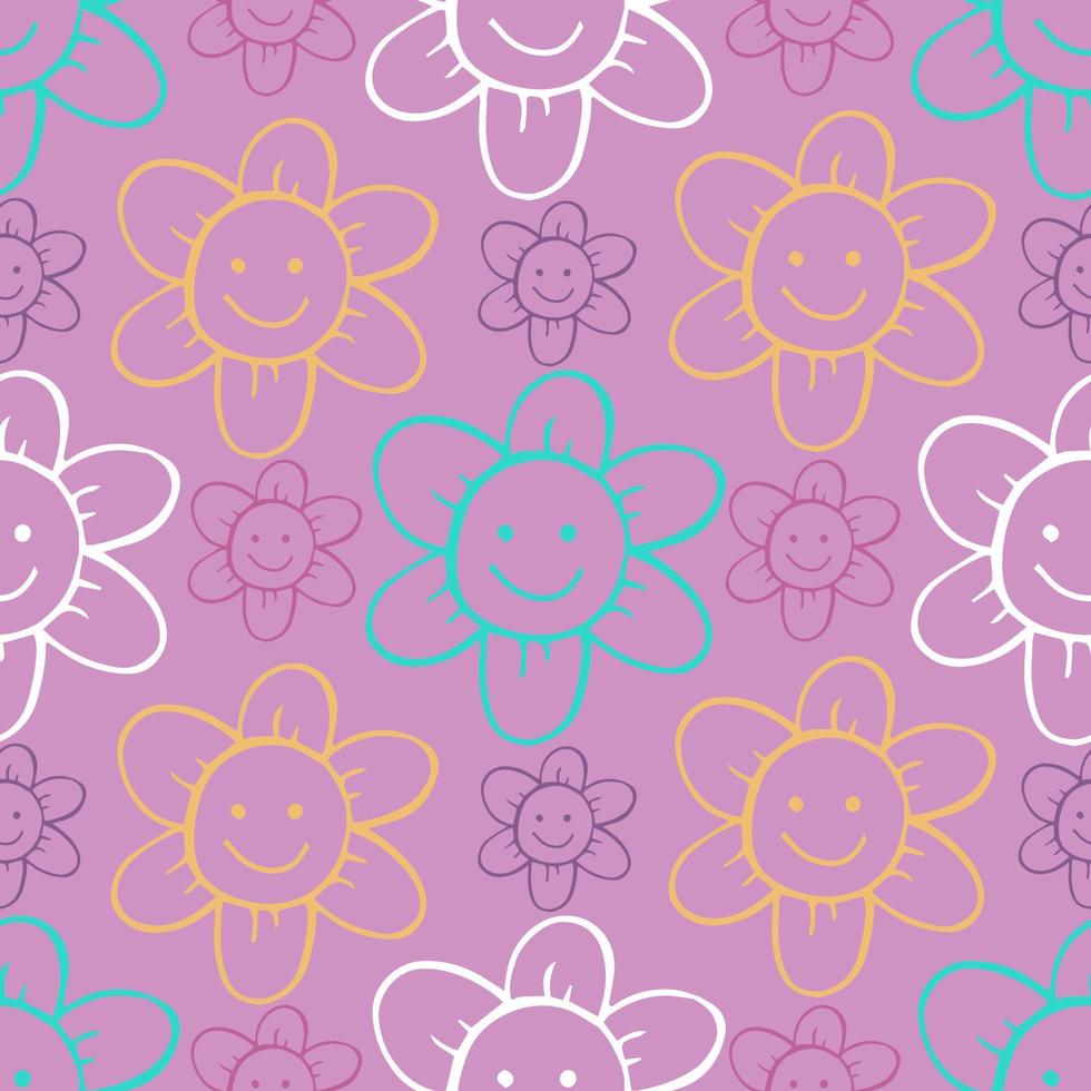 patrón hippie de flores divertidas retro, flores de colores sobre fondo púrpura vector