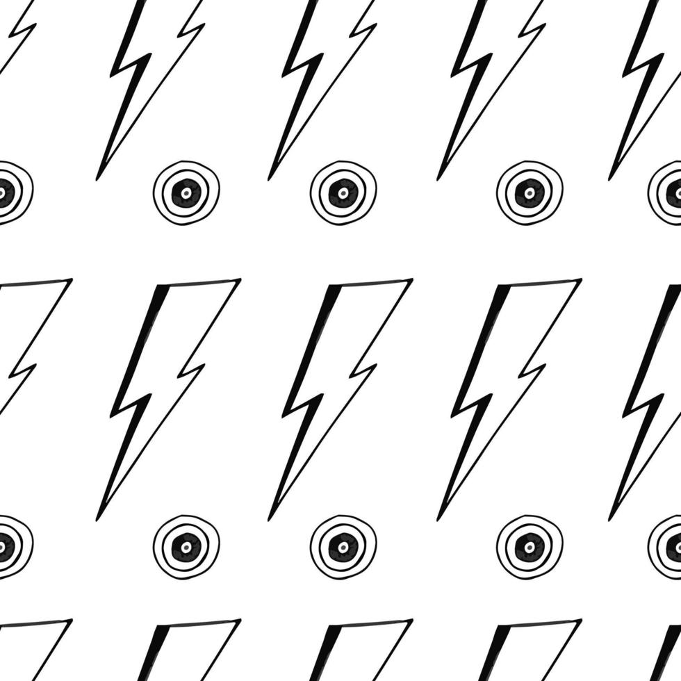 Retro black and white pattern with doodle hand drawn  david bowie lightning bolts and circles, 90s vibe vector