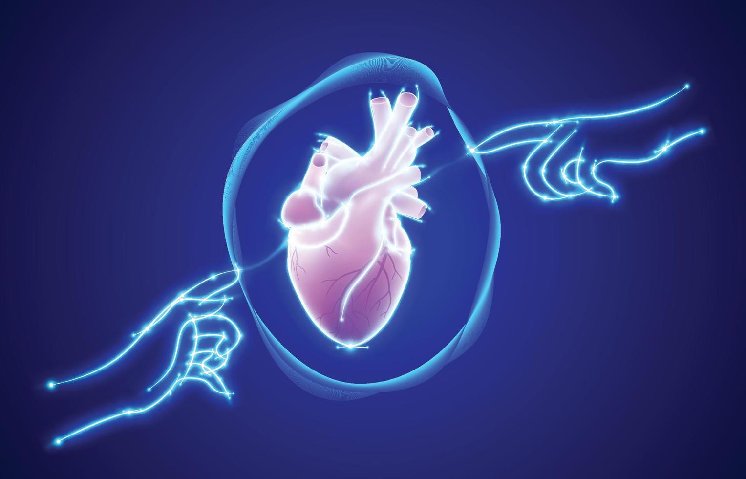 Line illustration of two glowing human hands touching a heart with a finger in the center on a dark blue background. vector