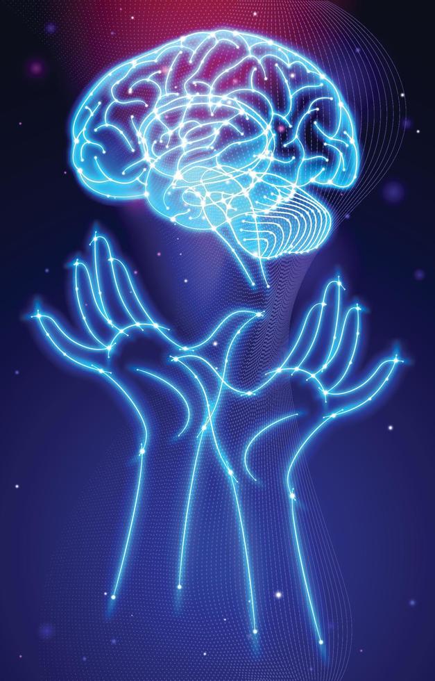 Illustration of a human brain and two human hands in a white glowing curved striped cross-section style with connected glowing white dots on a space background. vector