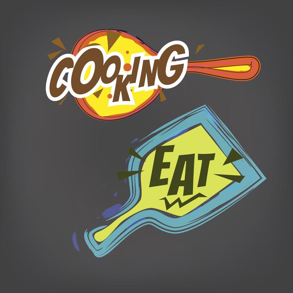 Cooking label set. Cooking and eat Lettering on cut board vector illustration. suitable for restaurant sign