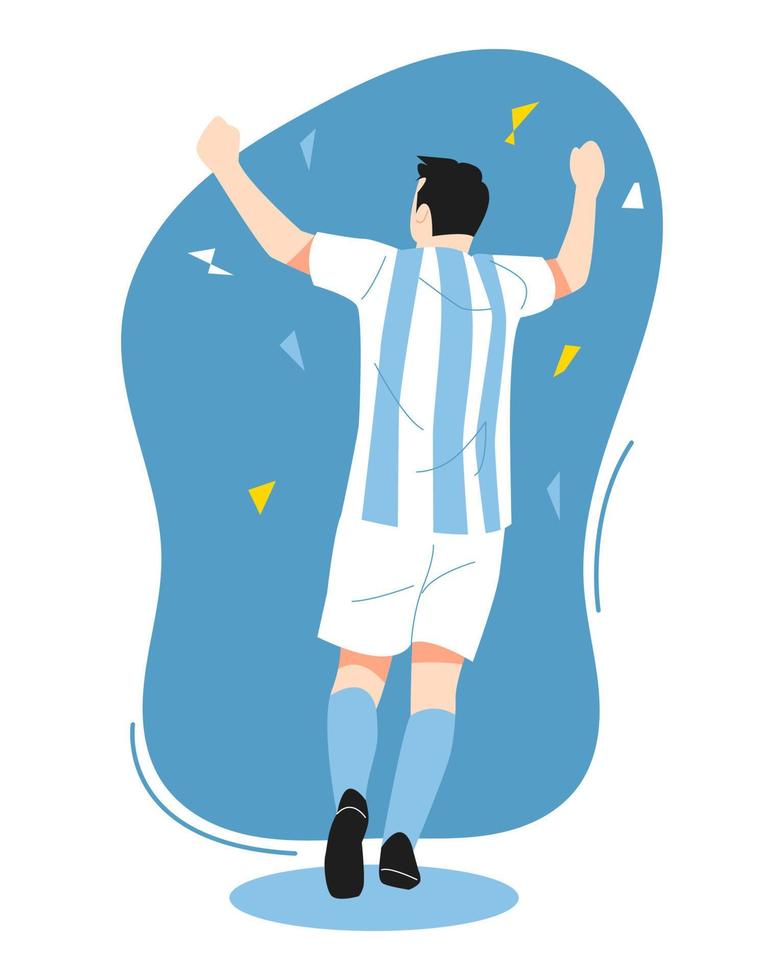 atleta de fútbol masculino corriendo mientras celebra la victoria. vista trasera. camiseta de fútbol celeste y blanca. cuerpo completo. concepto deportivo, campeón, competencia, celebración. ilustración vectorial plana. vector