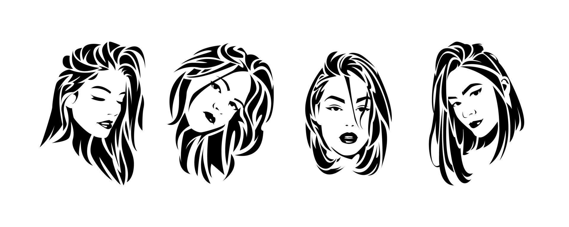 set collection of black and white pop art portraits of beautiful women's faces with different hairstyles, expressions. abstract hair. monochrome. white background. vector illustration.