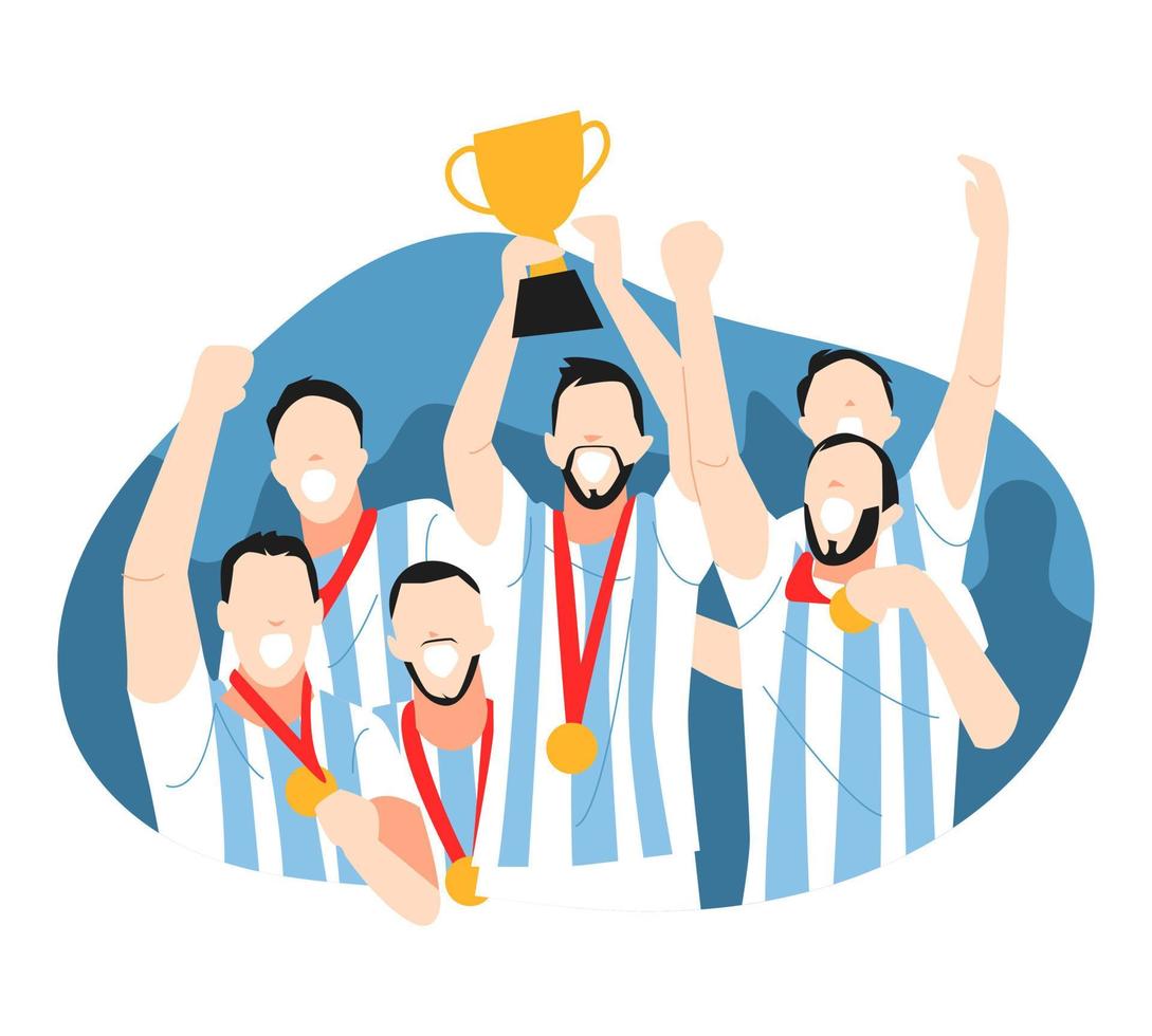 varios miembros del equipo de atletas de fútbol masculino celebrando la victoria, campeón. levantando el trofeo, sosteniendo la medalla. concepto de deporte para tarjeta de felicitación, pegatina, impresión, etc. ilustración vectorial plana. vector