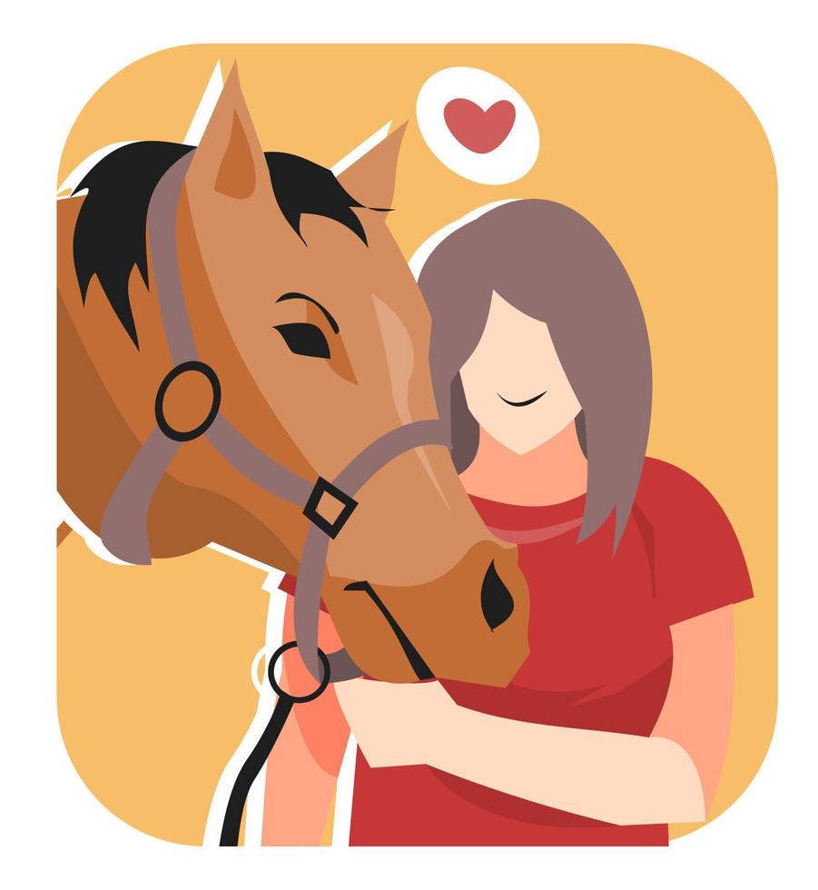illustration of young girl and horse. with heart icon. human and animal concepts and themes, animal lovers, friends, etc. flat vector