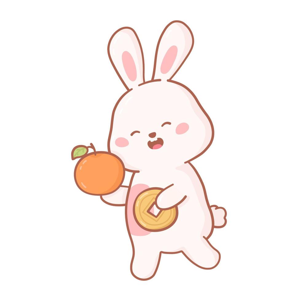 Rabbit with New Year Chinese gold coin and tangerine. Vector illustration cute bunny and CNY elements on white background