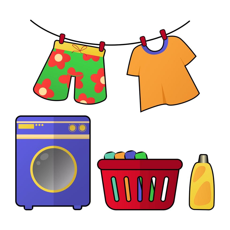 Washing machine and laundry detergent and laundry hanging on line vector illustration