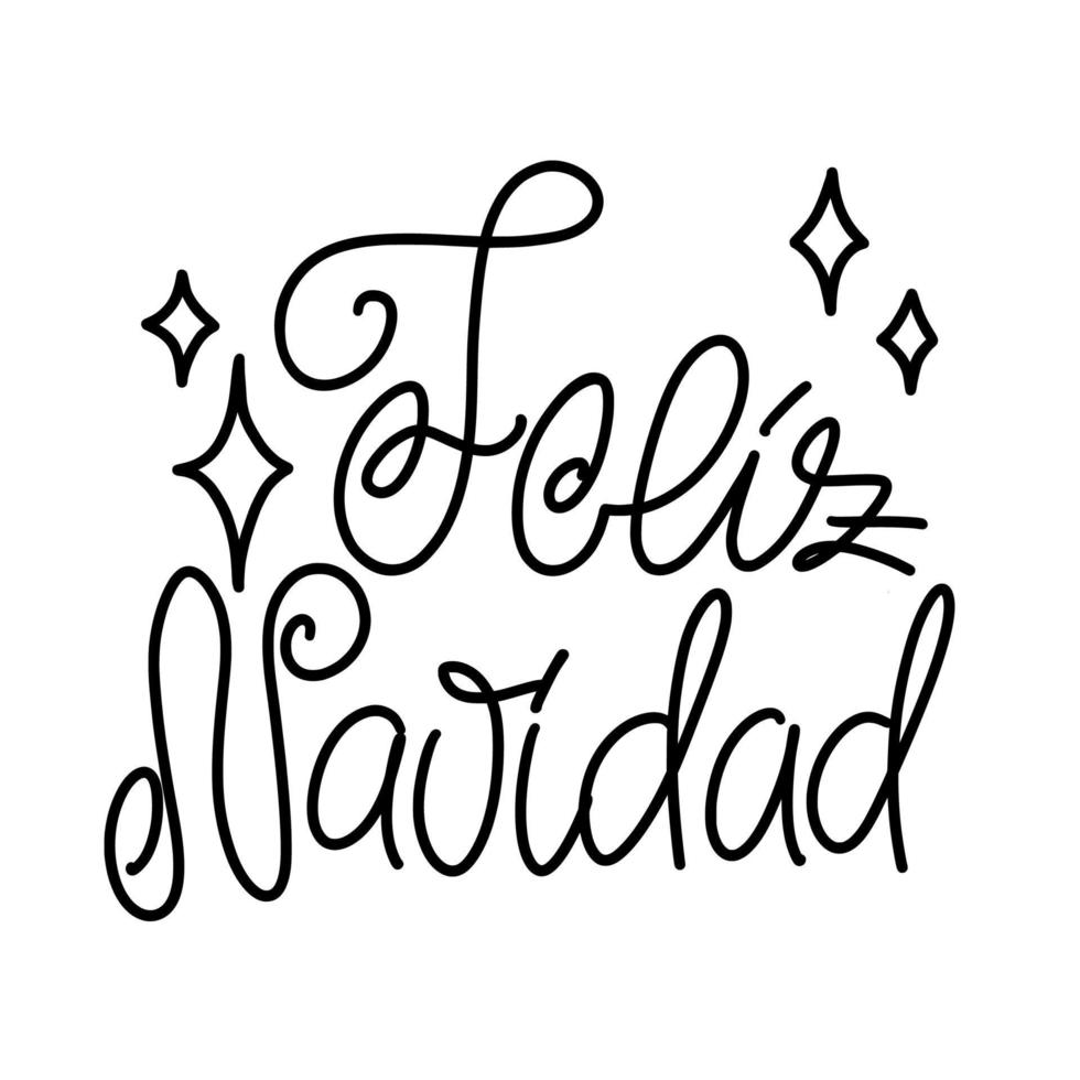 Feliz navidad handwritten text. Merry Christmas in Spanish quote. Vector typography design with sparkles for greeting card, poster, print.