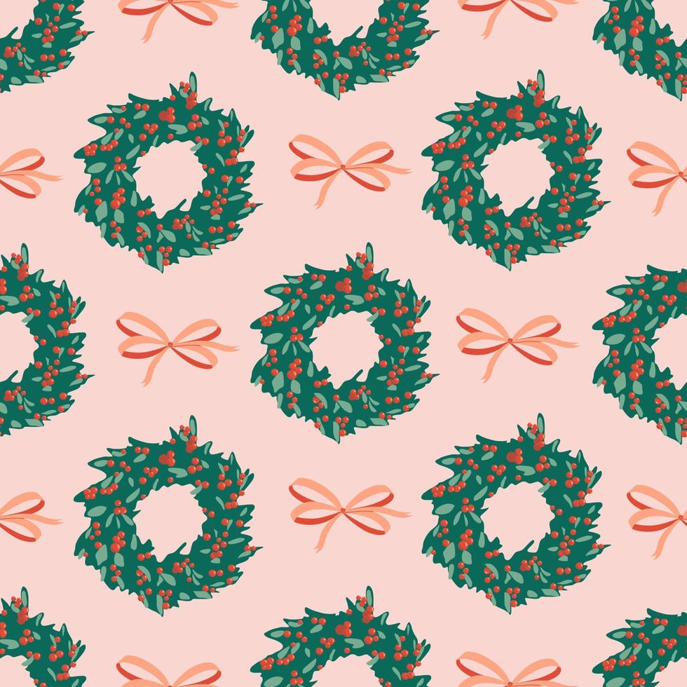 Christmas wreath and bow seamless pattern. Winter holiday festive ornament. New year texture backdrop. Winter symbols vector illustration. Design for textile, fabric, background, wallpaper, wrapper