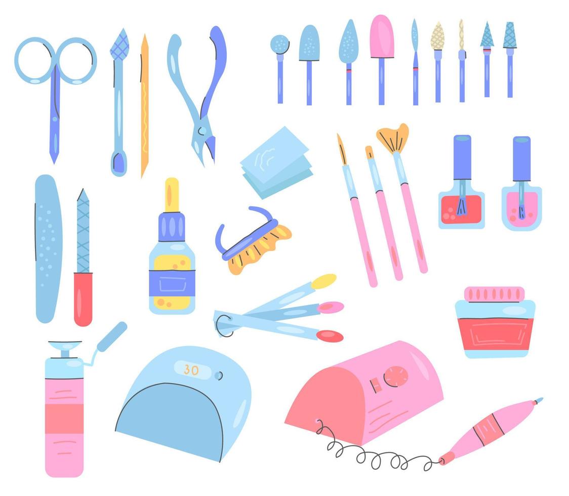 Set of tools for manicure, jars of nail polish, nail files,  milling cutter, trimmings, tongs, nail lamp, color palette for manicure. vector