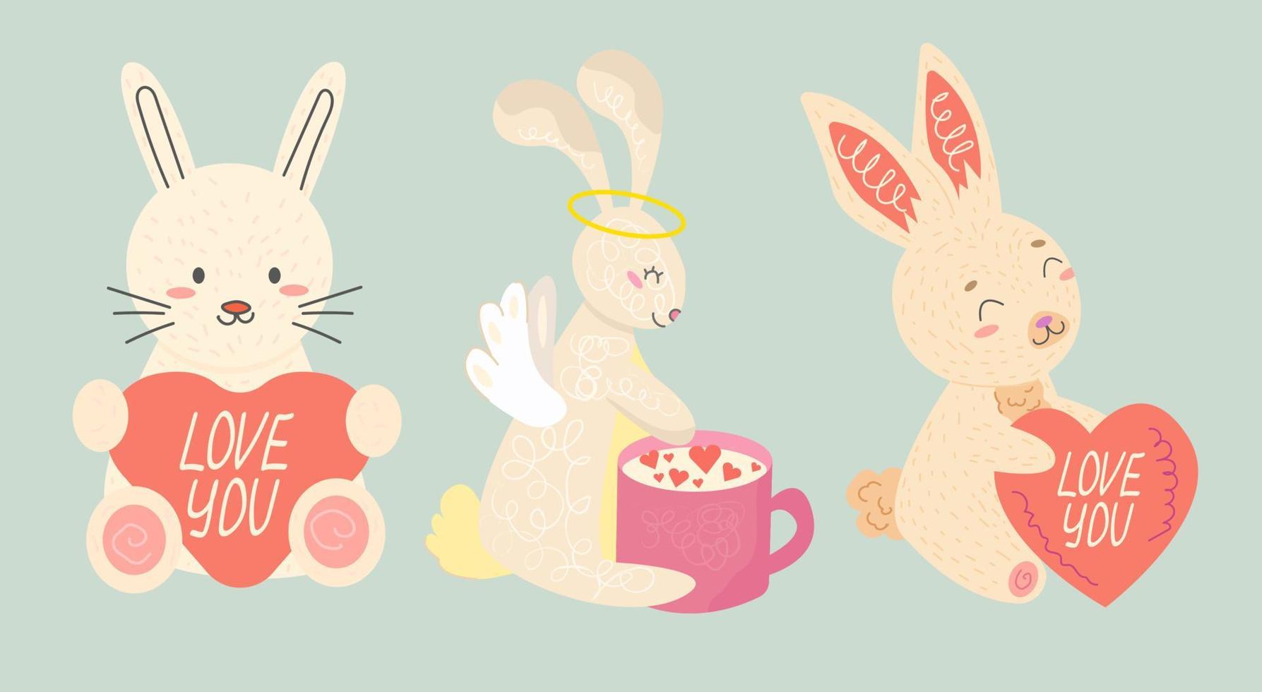 set of cute different rabbit with heart and cup on isolated background vector