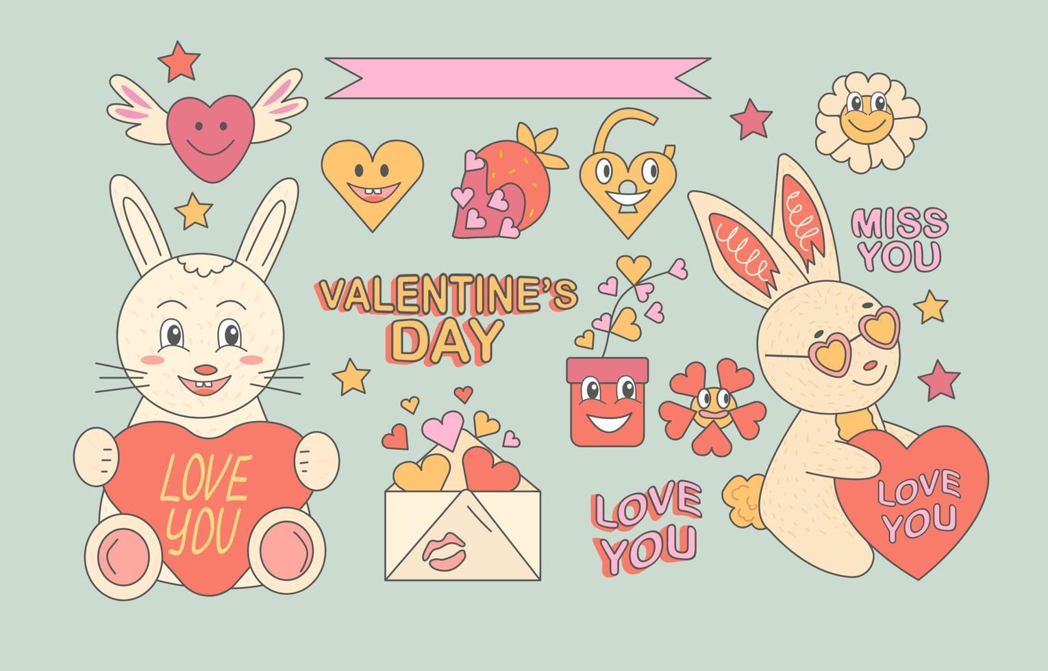 etiquetas engomadas encantadoras maravillosas de los corazones. día de San Valentín. Funky personaje de corazón de conejo feliz en estilo de dibujos animados retro de moda de los años 60 y 70. vector