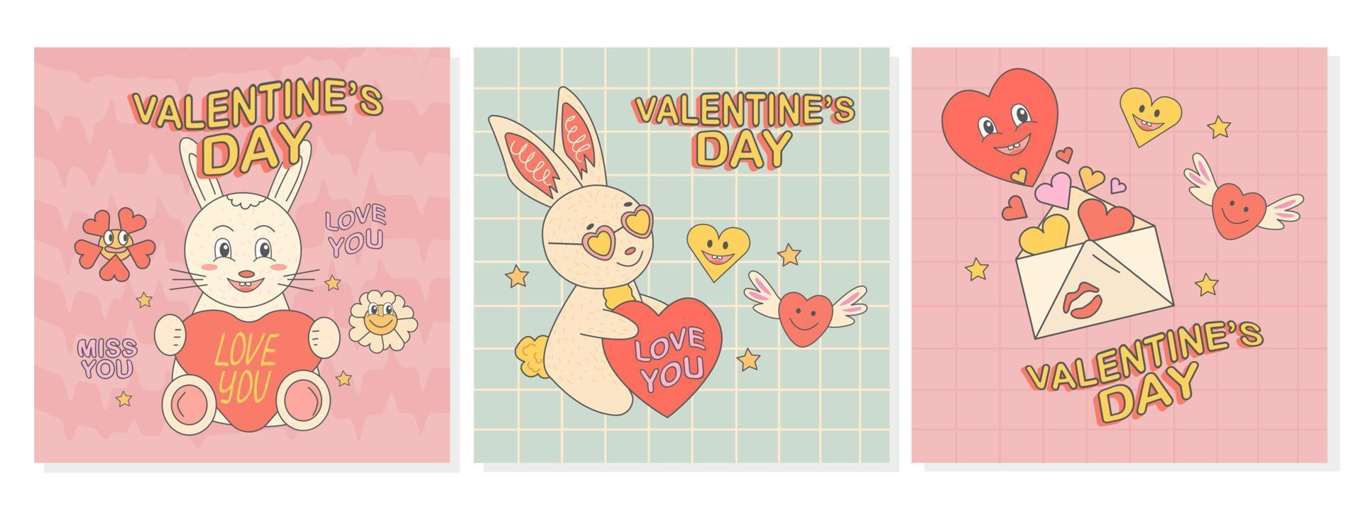 Groovy set of postcard with retro rabbit, heart, daisies and text. Hippie 60s, 70s style. vector
