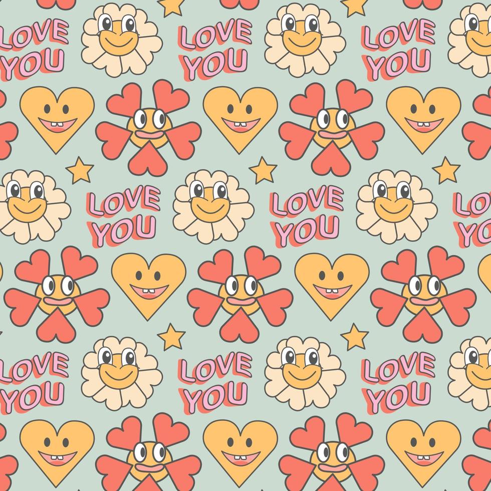 Groovy seamless patterns with funny happy daisy, love, star.  Hippie 60s, 70s style vector