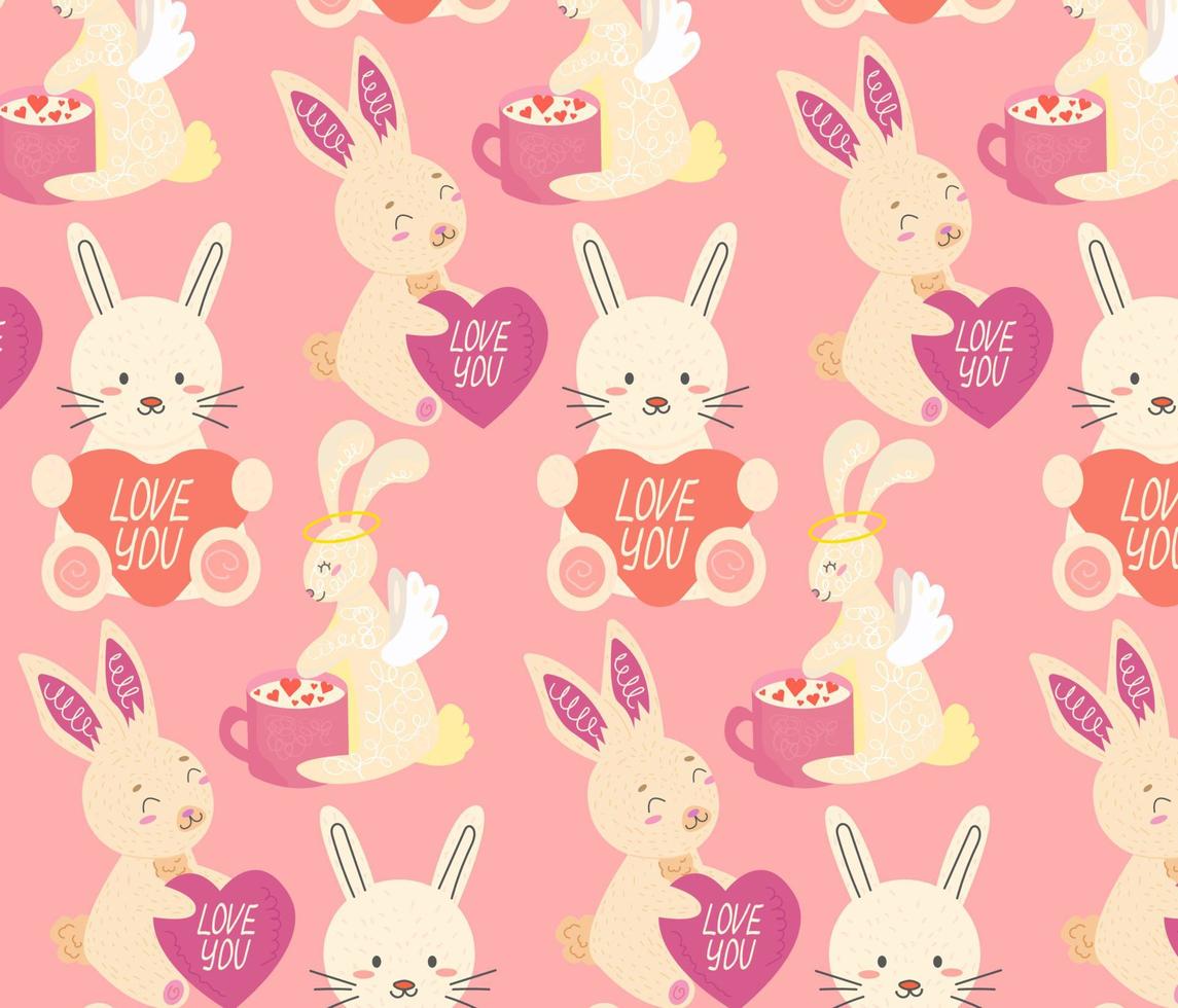 pattern cute different rabbit with heart and cup on isolated background vector