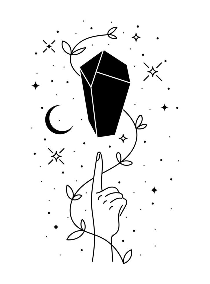 Woman hand finger points to levitate magic sparkling crystal with leaves, stars and moon crescent. Spirituality gem stone with nature element. Magic or healing mineral. Linear esoteric tattoo logo eps vector