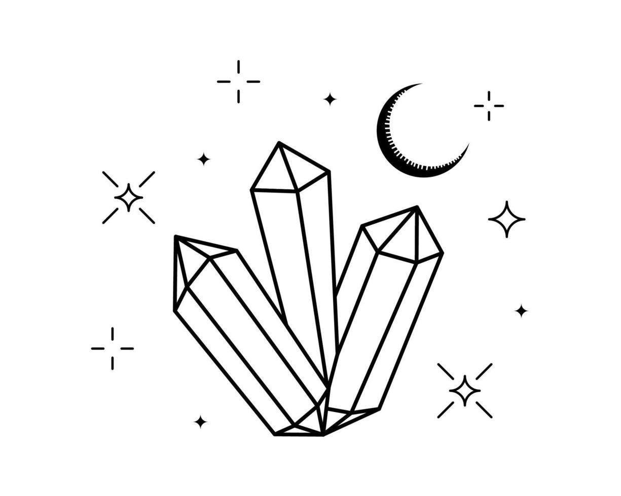 cristal y estrellas con luna mística. símbolo de astrología lineal. piedra de gema de espiritualidad con media luna. mineral mágico o curativo. esquema esotérico vector eps ilustración