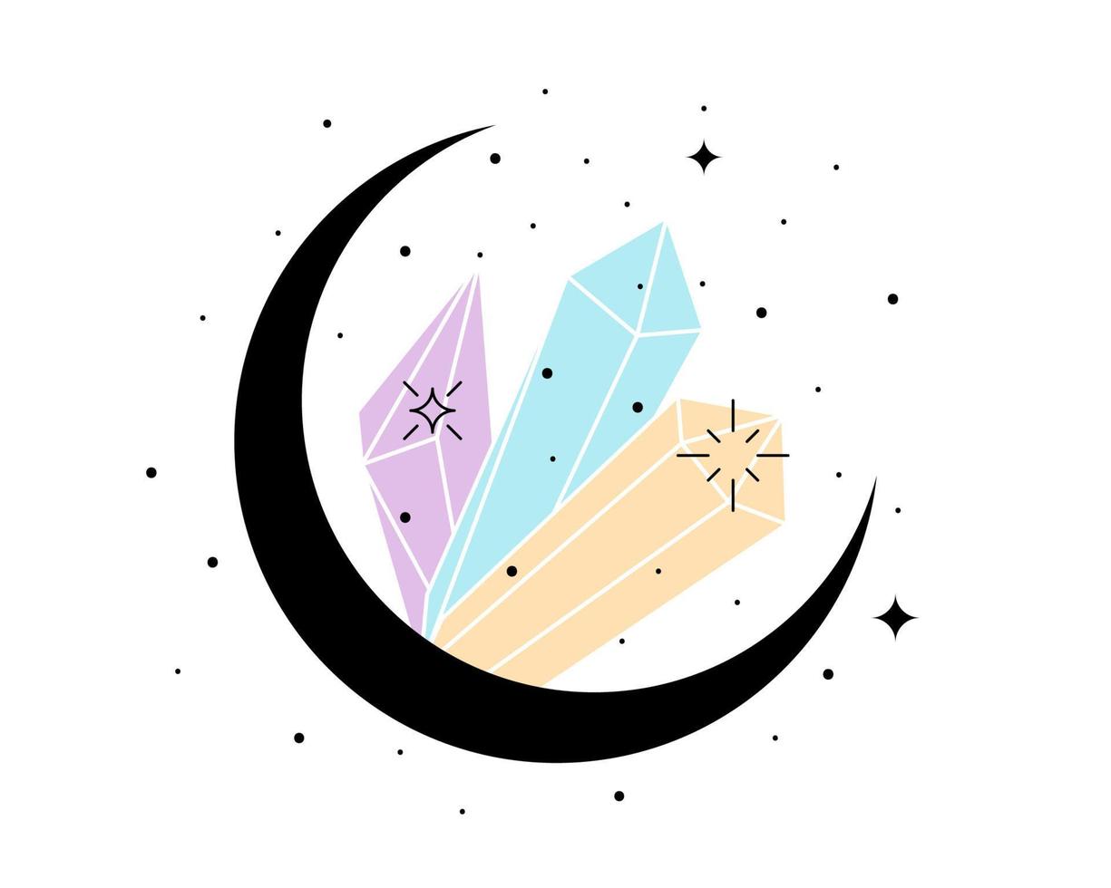 Crystal and stars in spirituality moon. Line art astrology crescent symbol with colored gemstone. Magic or healing mystical mineral linear symbol. Esoteric tattoo or logo outline sketch. Vector eps