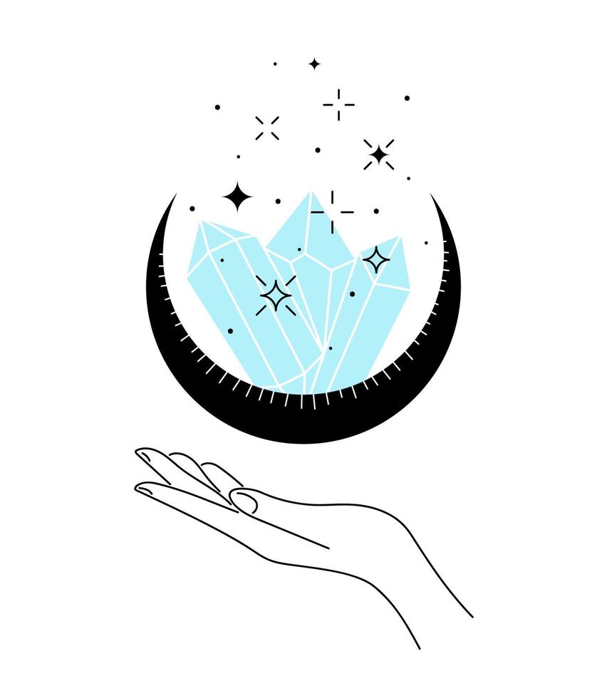 Mystic celestial crystals in moon and stars levitate over woman hand. Witch spirituality gemstone. Magic or healing mineral linear symbol. Esoteric tattoo or logo outline sketch. Vector illustration