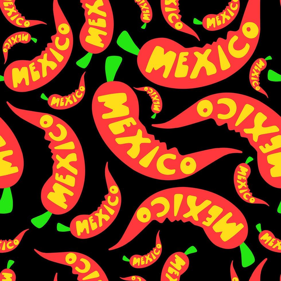 Red hot jalapeno pepper. chili pepper symbol of mexican cuisine. The inscription Mexico on the background of chili peppers. seamless pattern vector