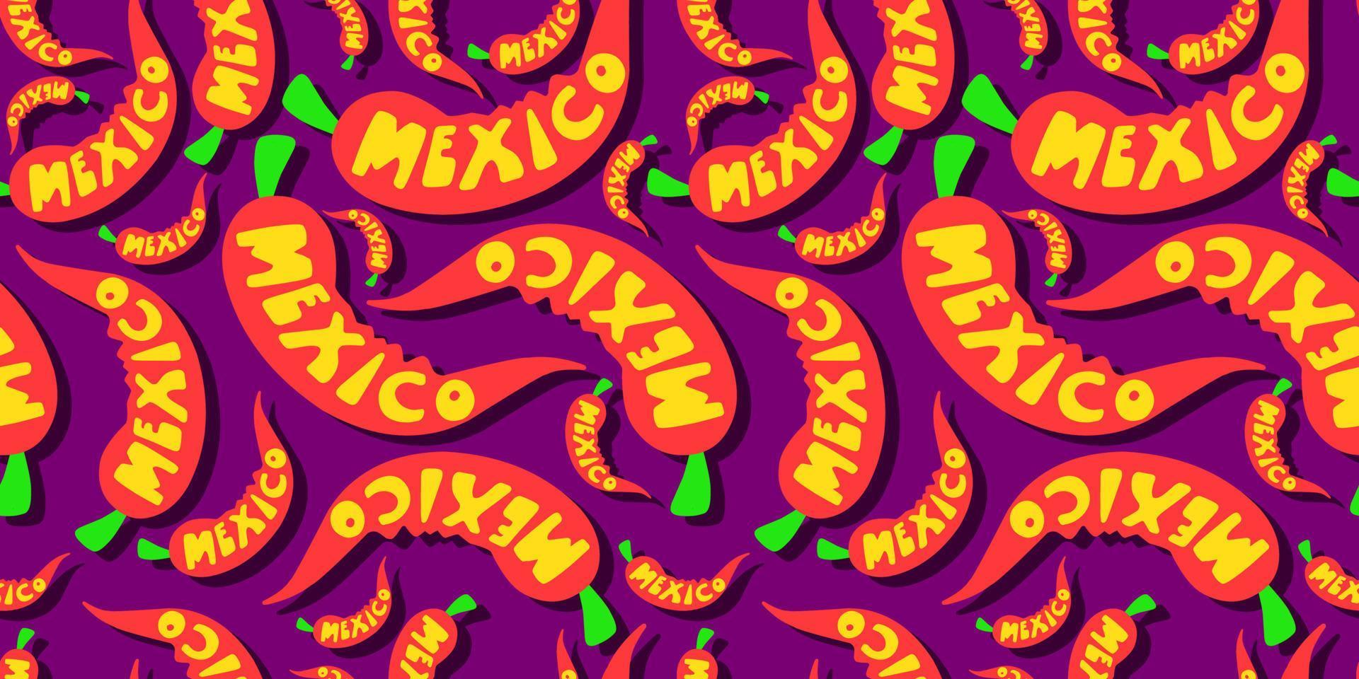 Red hot jalapeno pepper. chili pepper symbol of mexican cuisine. The inscription Mexico on the background of chili peppers. seamless pattern vector