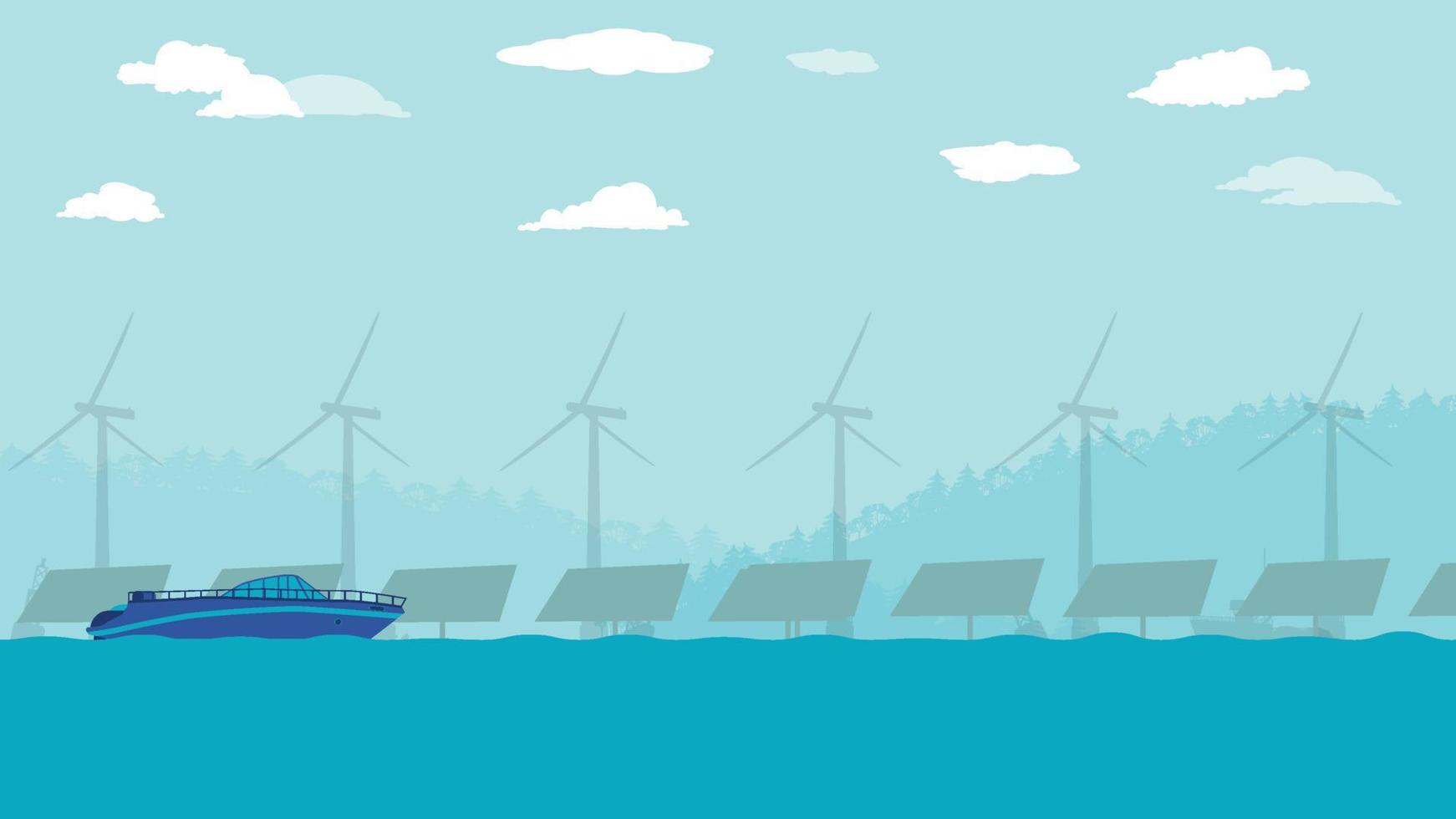 flat cartoon side view of Offshore solar farm panels at Ocean or sea with speed boat ship vector