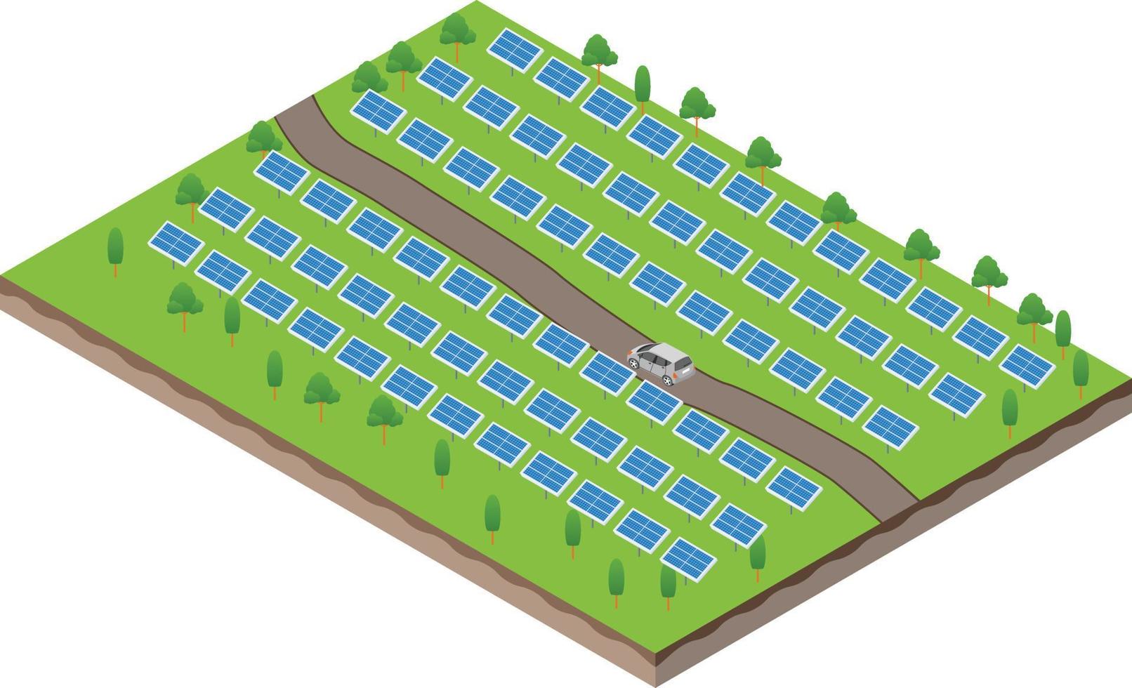 isometric scene of solar farm panels and dirt road vector