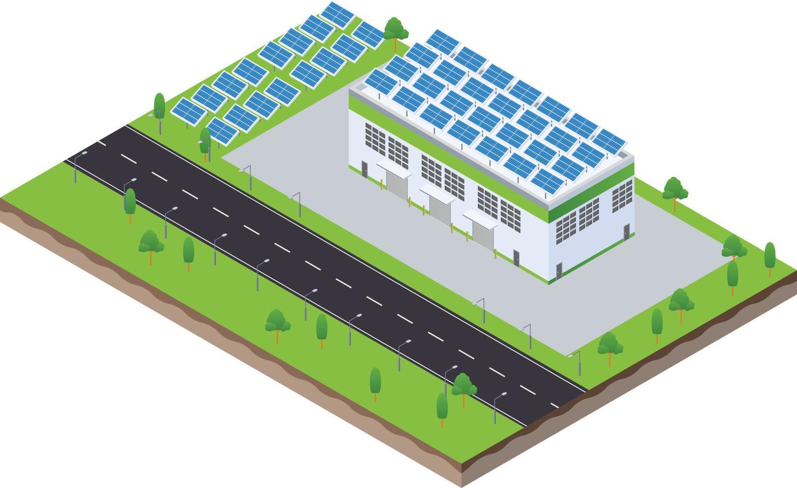 escena isométrica de paneles de granja solar en el techo de la fábrica de la industria de fabricación verde vector