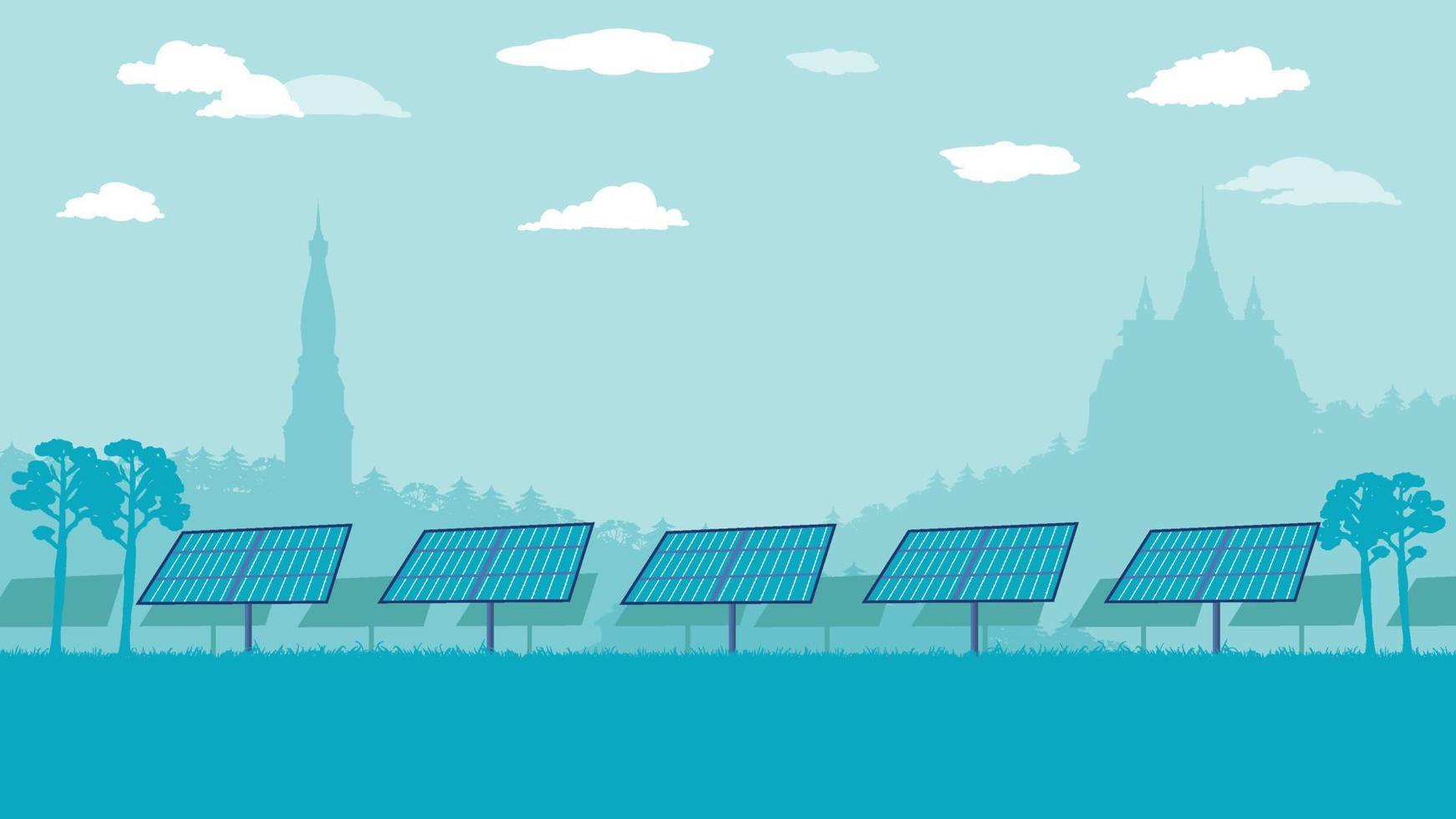 flat cartoon side view of solar farm panels on land vector