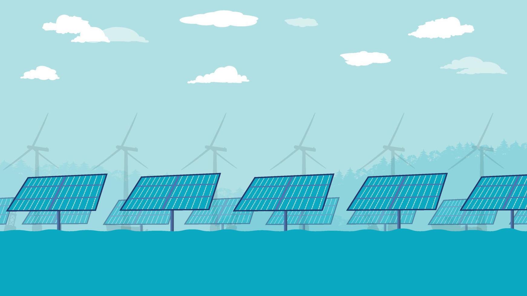flat cartoon side view of Offshore solar farm panels at Ocean or sea vector