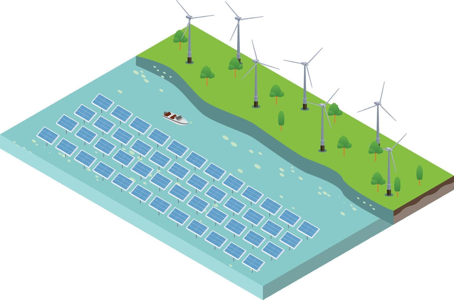 isometric scene of Wind turbines generating electricity and solar farm panels in the river ocean vector