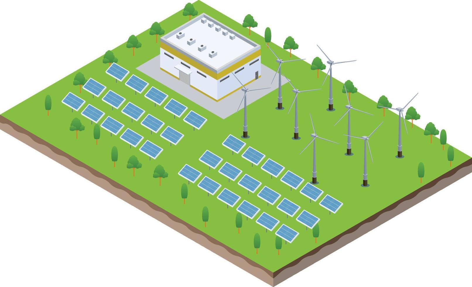 isometric scene of solar farm panels with green manufacturing industry factory vector
