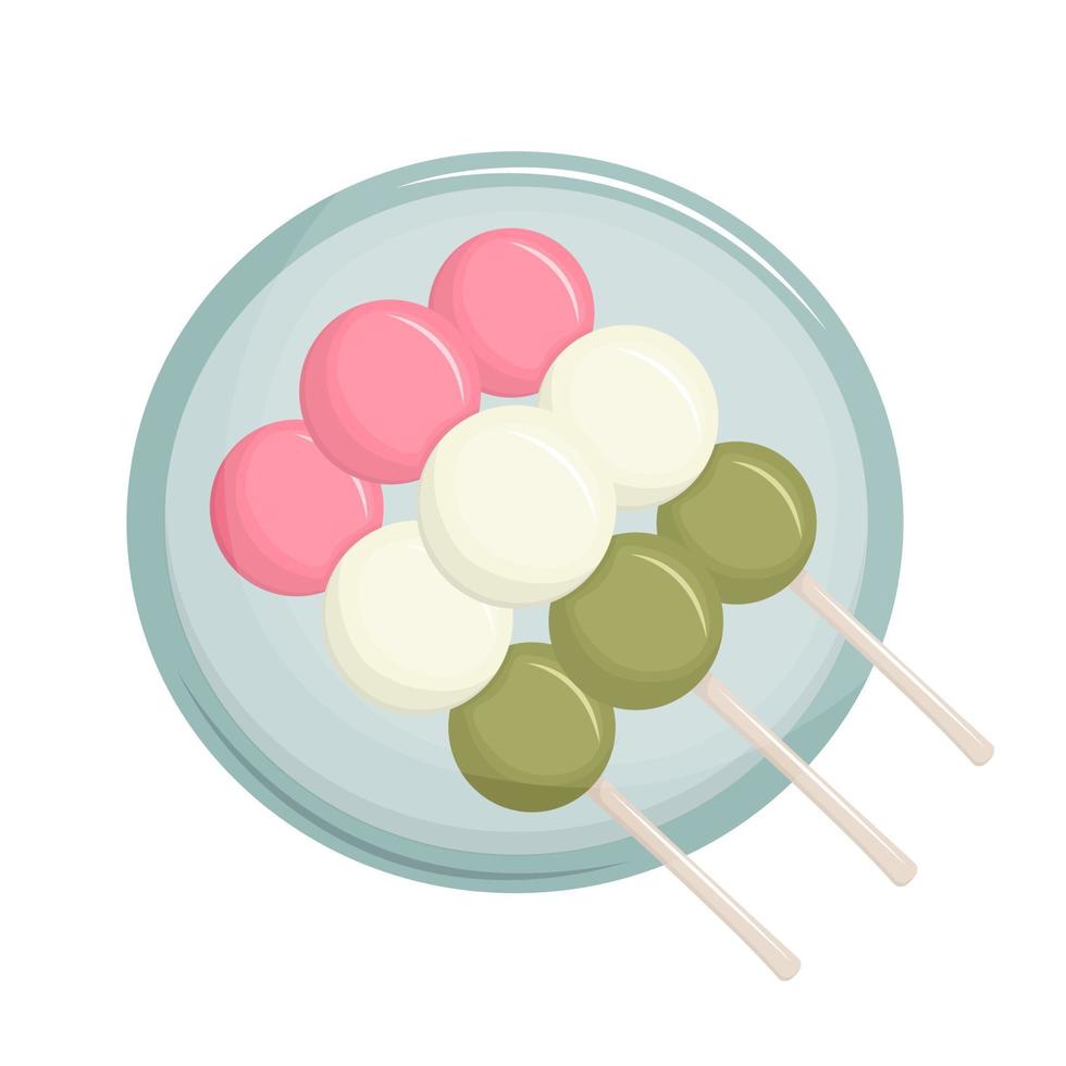 Japanese dessert made of rice called dango. Colorful sweet rice balls. Traditional Asian cuisine. Vector illustration. Cartoon.