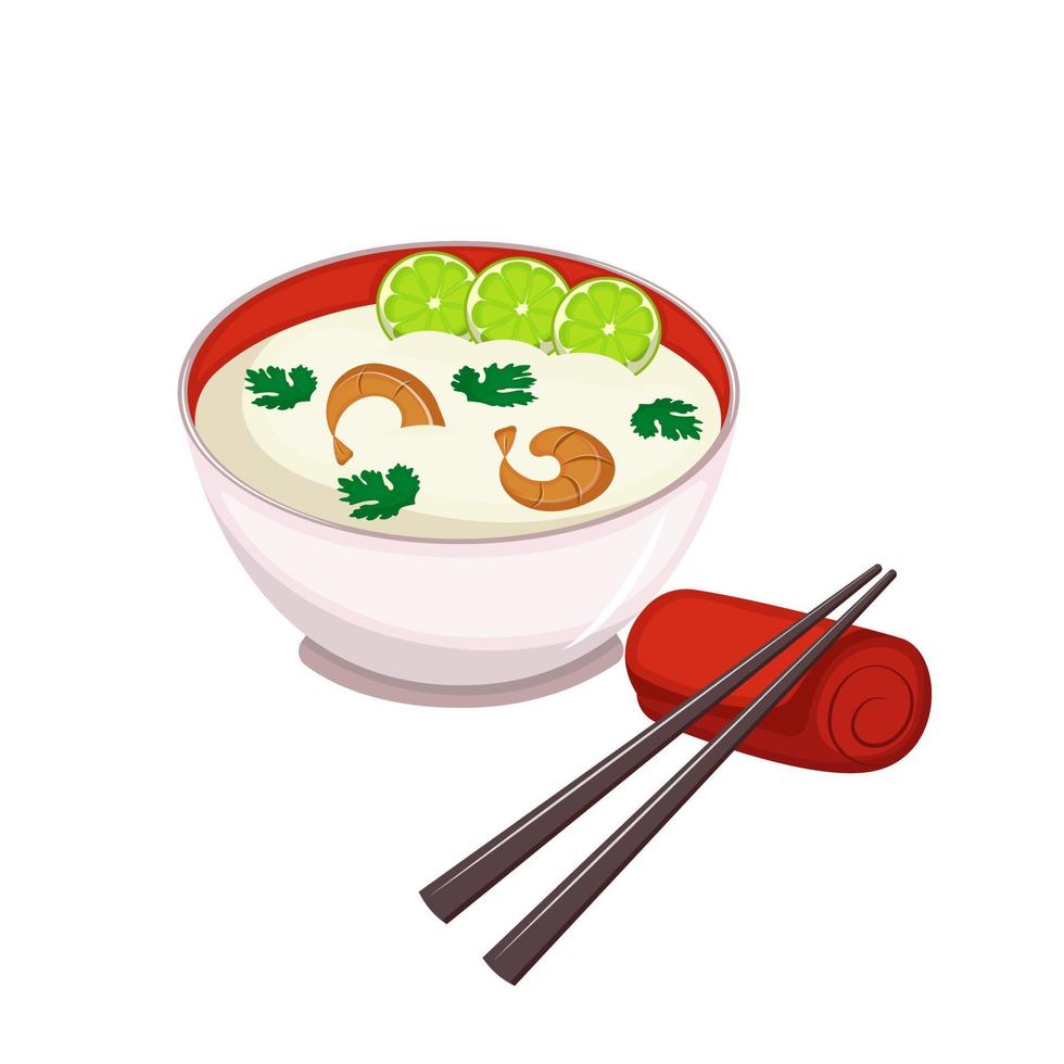 Thai coconut soup with shrimp. Asian traditional cuisine. Seafood soup with lime. Vector illustration. Cartoon.