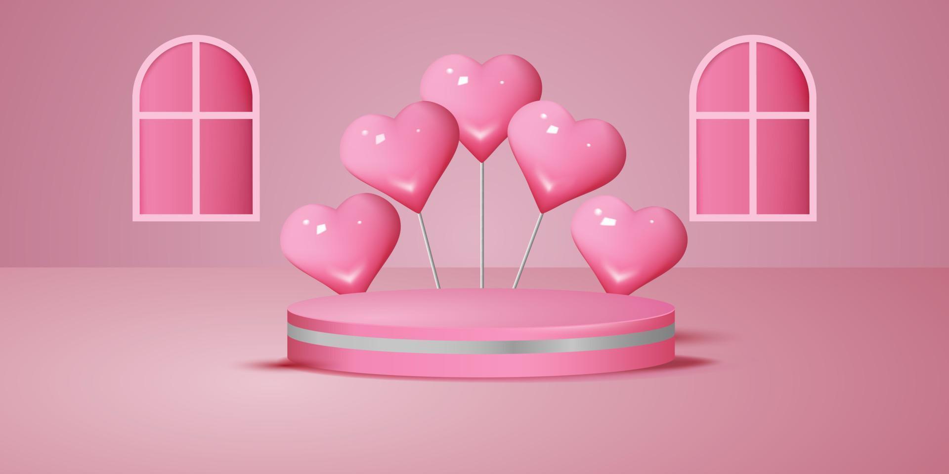 Happy valentines day banner with podium platform to show product for festival love on pink heart balloon background. Vector illustration