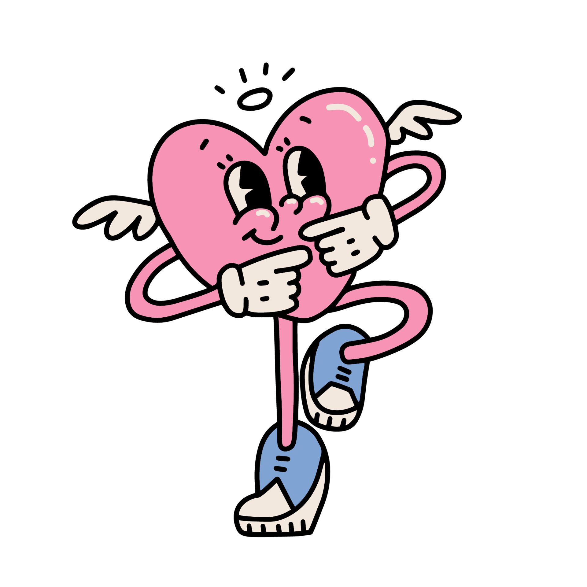 Groovy sticker with dancing heart mascot. Cartoon lovely character with
