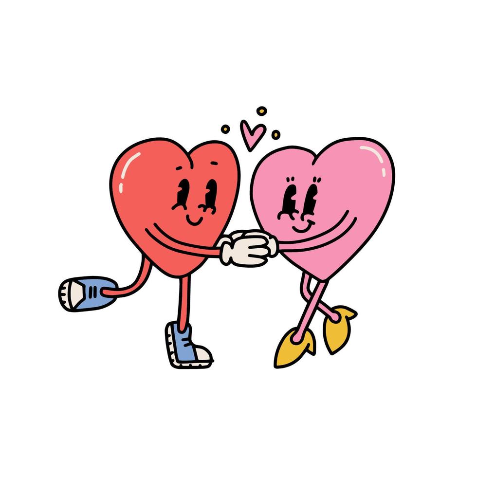 personajes de pareja de corazones de dibujos animados retro caminan tomados de la mano. ilustración dibujada a mano de contorno vectorial aislada sobre fondo blanco. Concepto antiguo de los 70. vector