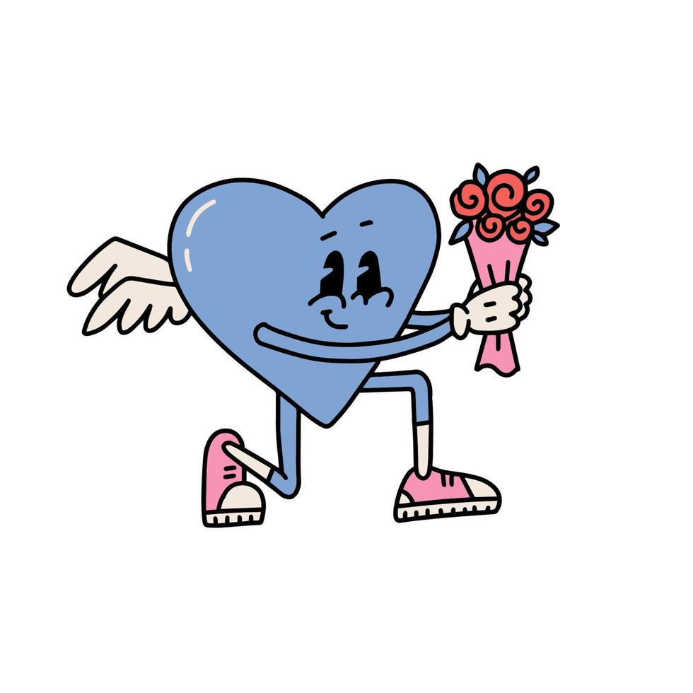 Retri cartoon style Heart proposing on one knee, presenting with a bouquet of roses. Isolated Valentines day concept. Vintage mascor kneel. Contour vector illustration.