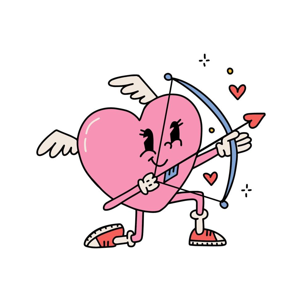 Retro groovy cartoon lovely heart mascot. Valentines Day cute character with bow and arrow. Heart cupid person for poster, card. Trendy retro 60s 70s style. Line art isolated vector illustration.