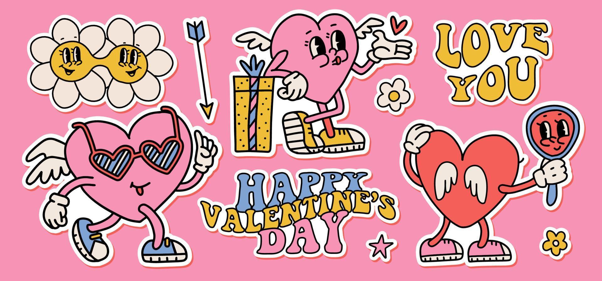 Groovy hippie love sticker set. Retro cartoon Valentines day elements. Comic happy heart character in trendy retro 60s 70s style. Mascot and flower elements. Vector contour illustration.