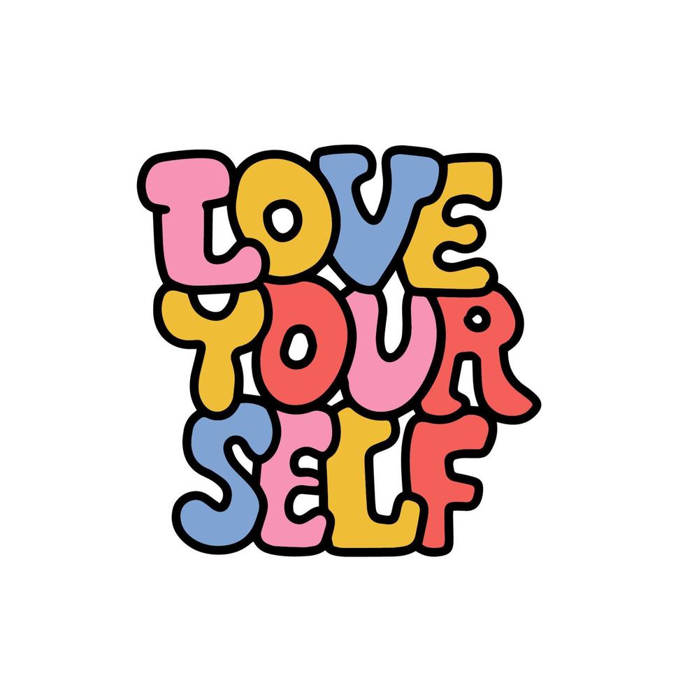 Love yourself - groovy lettering design. Contour hand drawn graphic isolated on white background. Retro Cartoon 70s style. Funny vector typographic illustration.