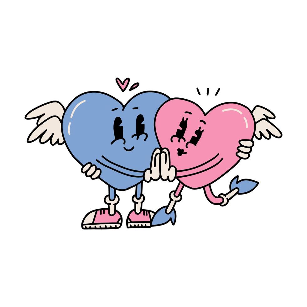 Retro Cartoon heart characters couple hugging. Cute love symbols with faces, hands and feet. 14 February romantic holiday mascots, funny emotions, emoji sticker. Line art isolated vector illustration.