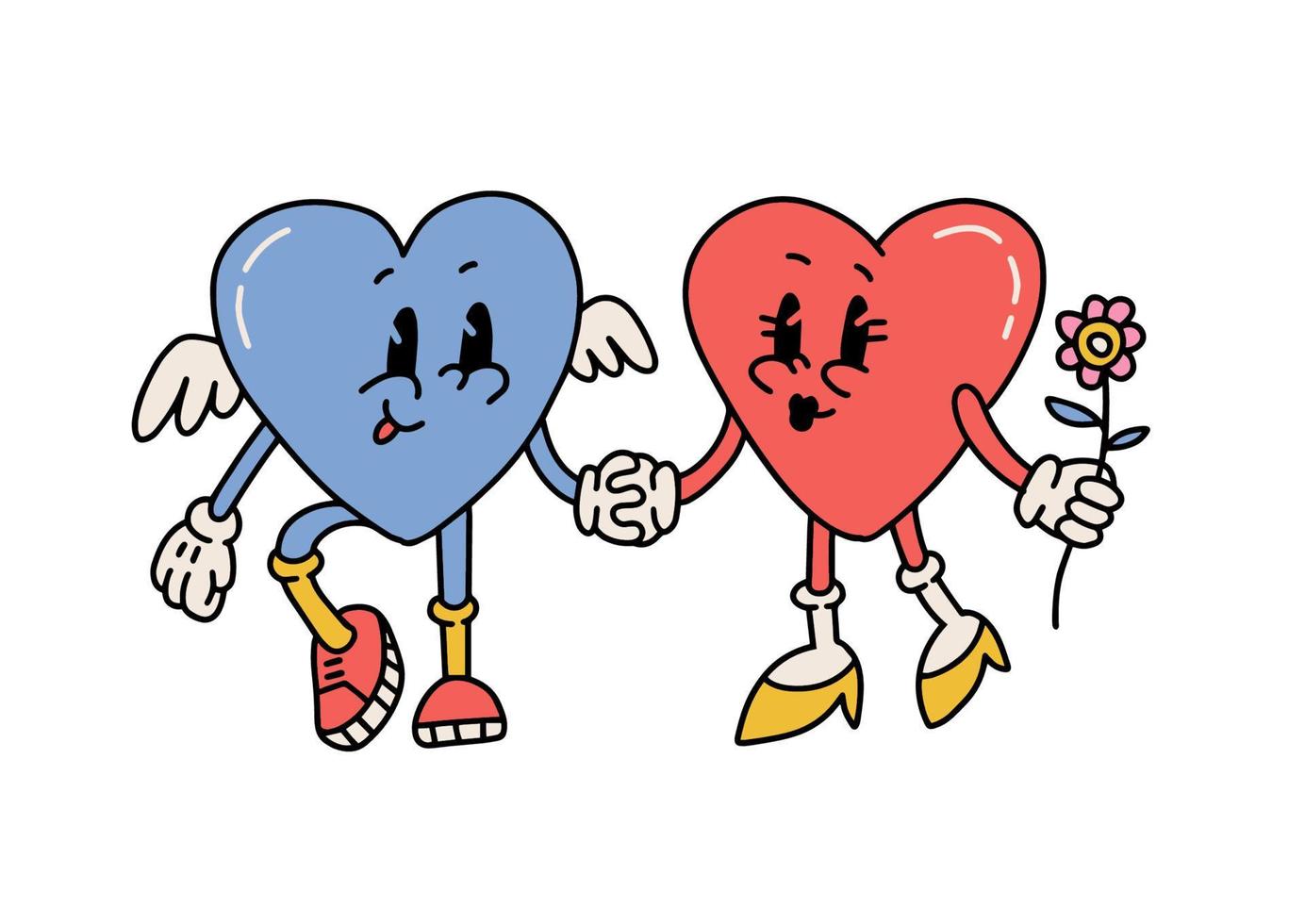 Love Hearts Couple Cartoon Characters Walk Holding Hands. Lovely mascot with wings and flower. Vector Contour Hand Drawn Illustration Isolated On White Background