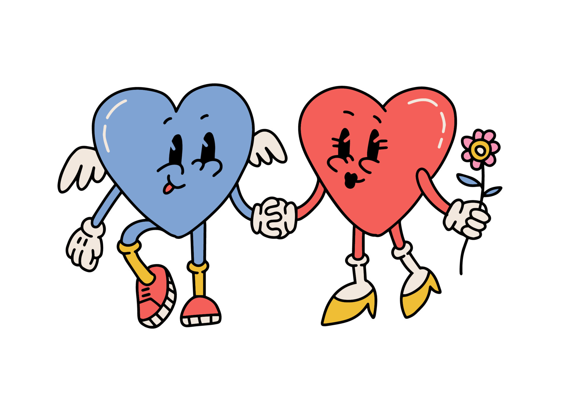 Love Hearts Couple Cartoon Characters Walk Holding Hands. Lovely mascot  with wings and flower. Vector Contour Hand Drawn Illustration Isolated On  White Background 16470754 Vector Art at Vecteezy