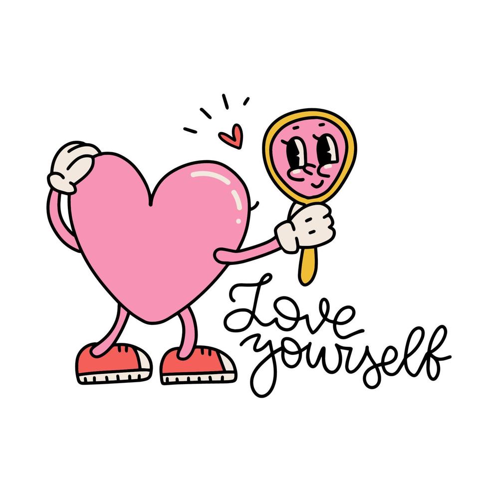 Groovy heart character looks in the mirror with happy face in retro 70s style and typography quote - Love yourself. Vintage isolated sticker with mascot for print. Self love vector illustration.