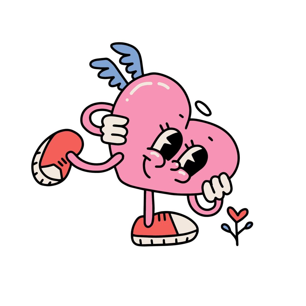 personaje de dibujos animados retro maravilloso de gran corazón rosa. mascota del corazón admirando una flor. Concepto de día de san valentín de vibraciones de los 70. ilustración lineal vectorial para póster, tarjeta, impresión vector