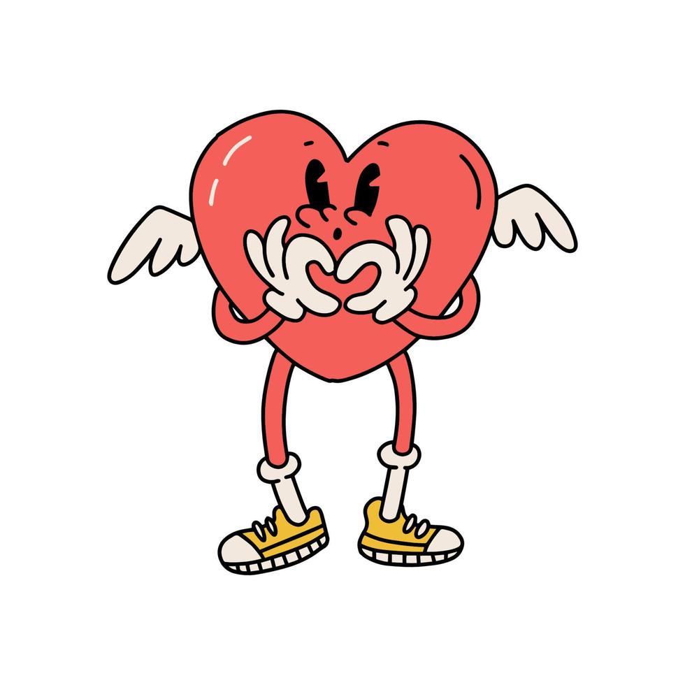 imagen aislada de un corazón de dibujos animados retroo que muestra una forma de corazón con las manos. el personaje vintage muestra un gesto de corazón en estilo de toons de garabato aislado en fondo blanco. ilustración vectorial de la línea de San Valentín. vector