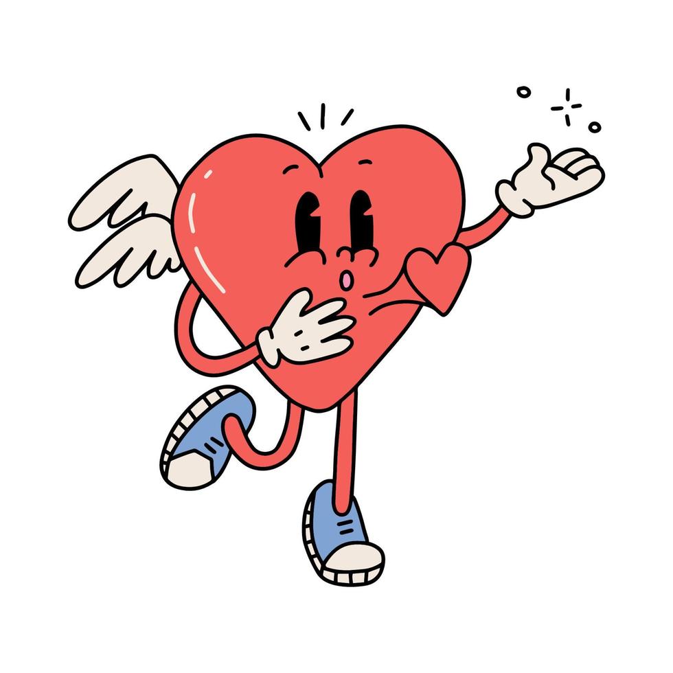 Heart mascot retro cartoon character with a beating heart. Cute groovy cartoon cupid mascot for valentines day greeting cards. Vector contour hand drawn isolated illustration.